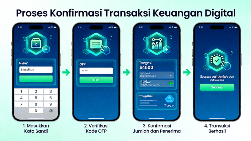 Ilustrasi proses konfirmasi transaksi keuangan digital di perangkat mobile